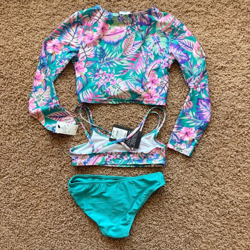 Art Class Tropical Hawaiian Palm Floral Rash Guard Bikini Bathing Suit 4/5 NWT